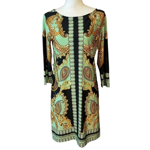 Haani Mint Green Black and Gold Shift Dress with 3/4 Sleeves and Chain Detail. M - Picture 1 of 6